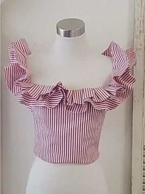 Wayf Anzio off-shoulder ruffle striped crop top women's size L